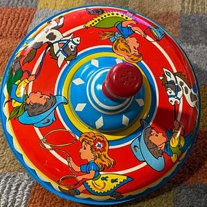 Vintage toy, Metal Spinning Top, Ohio Art Co. 1950s, Cowboy + Cowgirl.